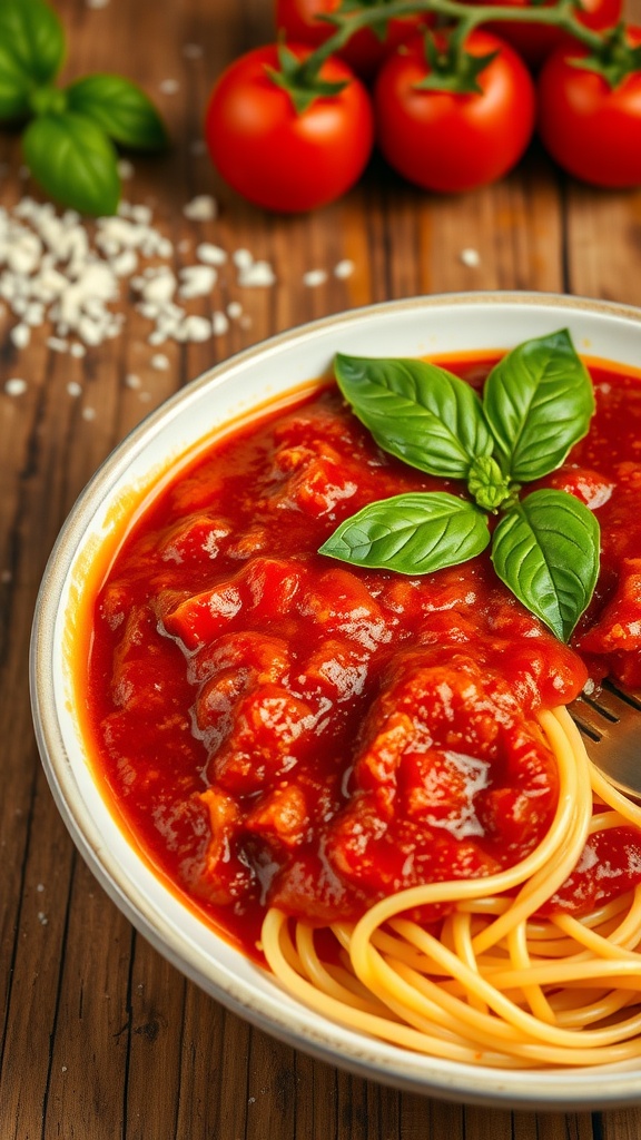 A bowl of rich tomato basil sauce garnished with basil, served with spaghetti and Parmesan cheese, set on a rustic table.
